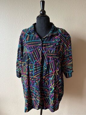Vintage Touche L.A. Button Down Black Neon Pattern Short Sleeve Blouse 80s 90s